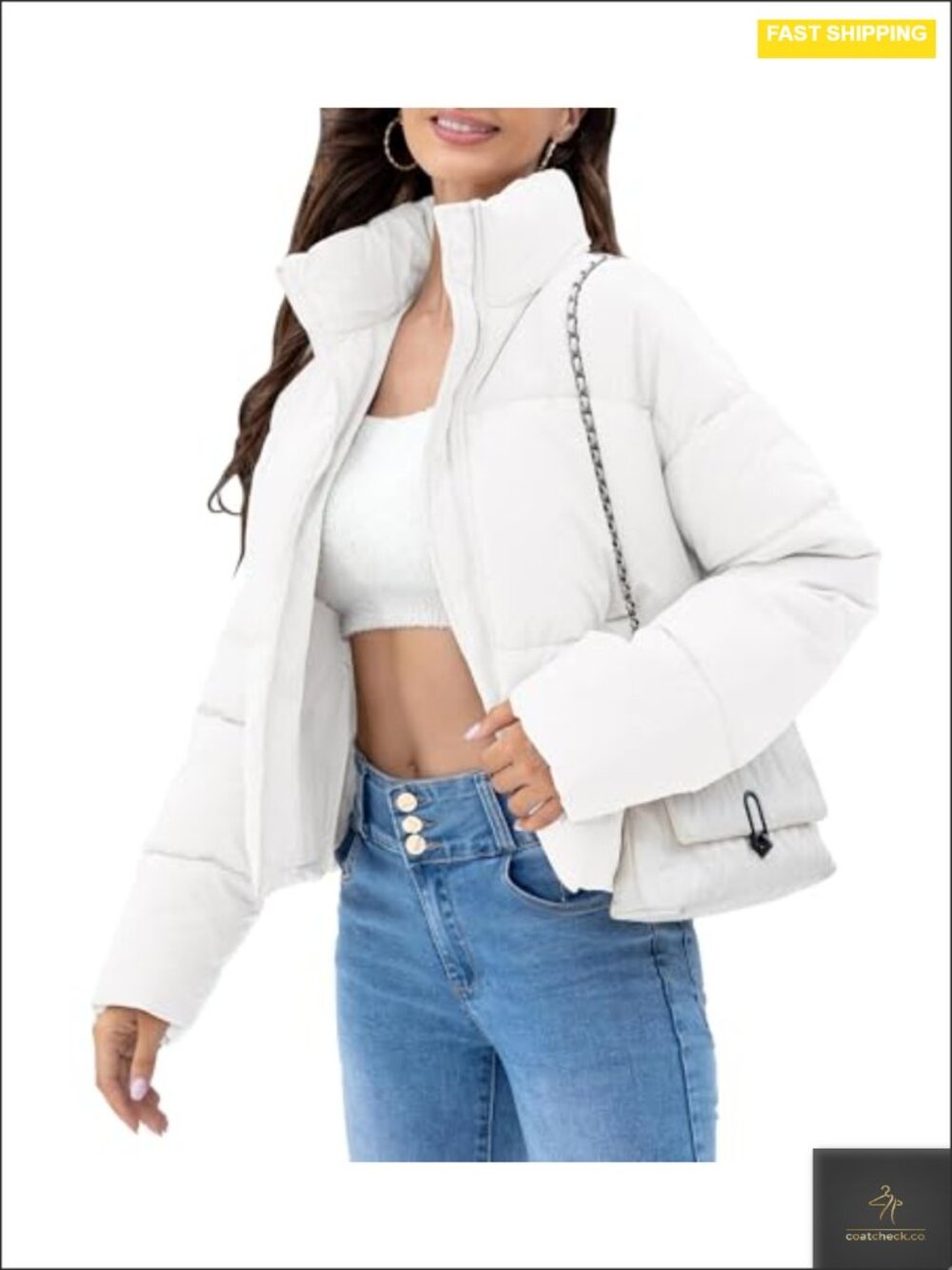 Women's Cropped Quilted Puffer Jacket with Stand Collar and Zipper Pockets